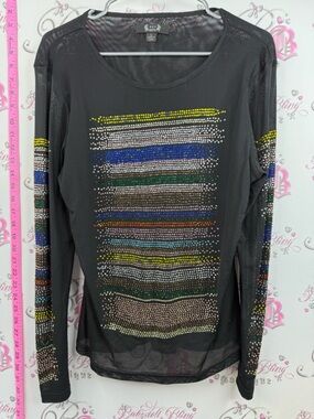 Azi long sleeve Black Long-Sleeve Sheer Top with Multicolor Rhinestone Stripes